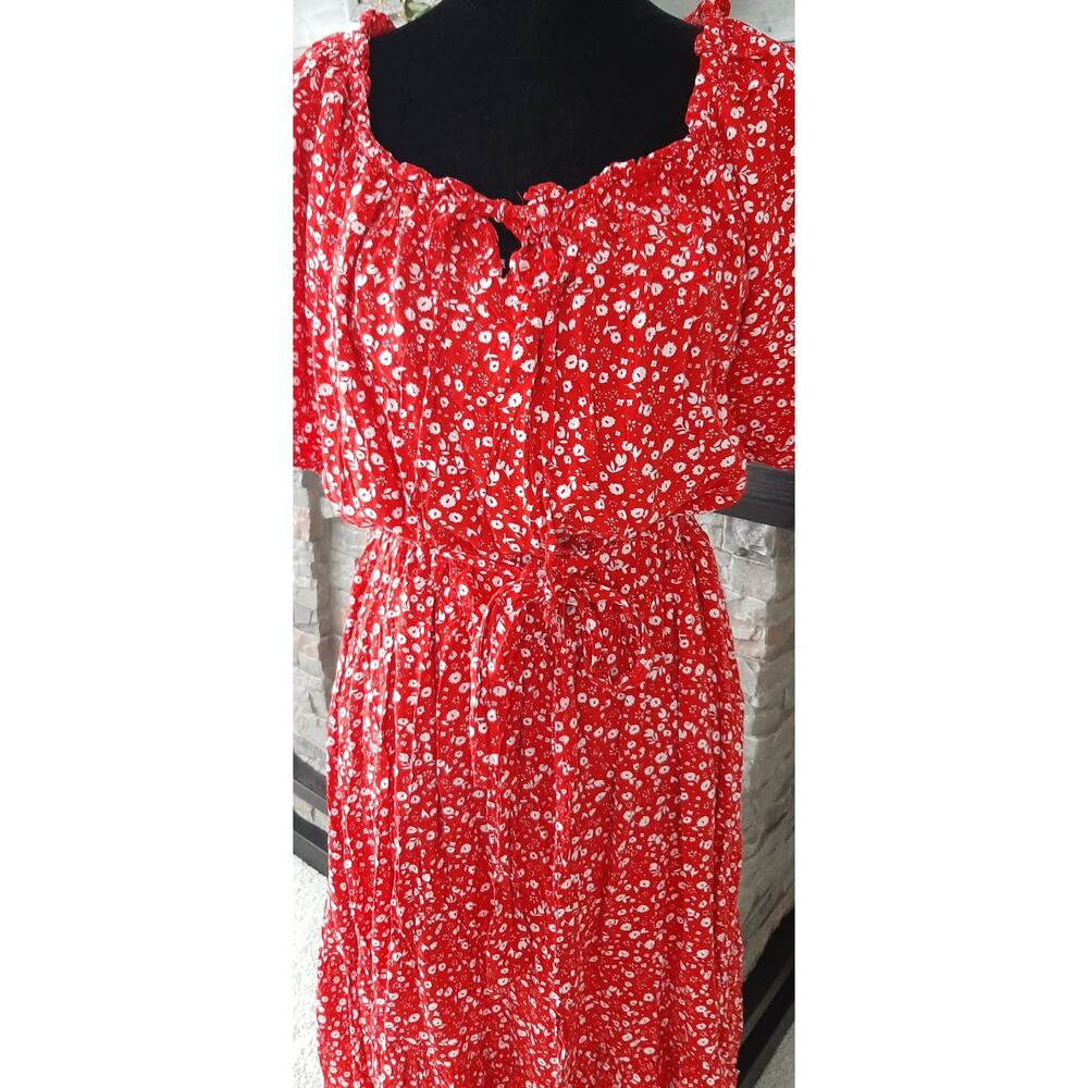 Red Floral Maxi Dress with Tie Waist